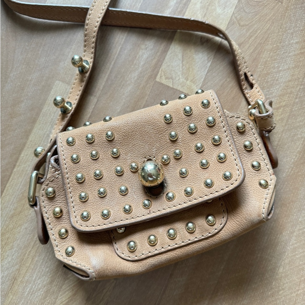 Y2K vintage Sonia Rykiel tan beige leather studded mini cross body bag